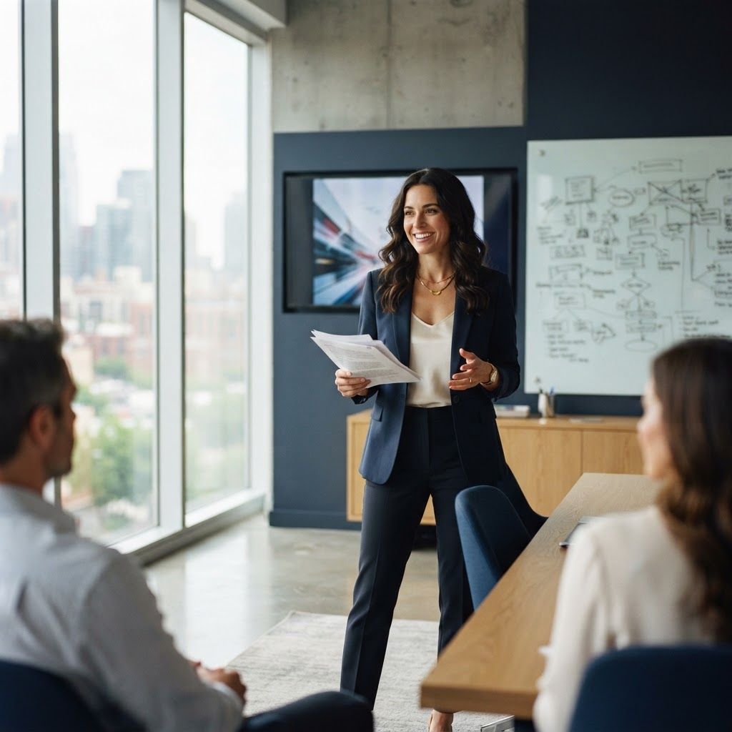 A founder preparing to present an idea in a bright modern meeting space