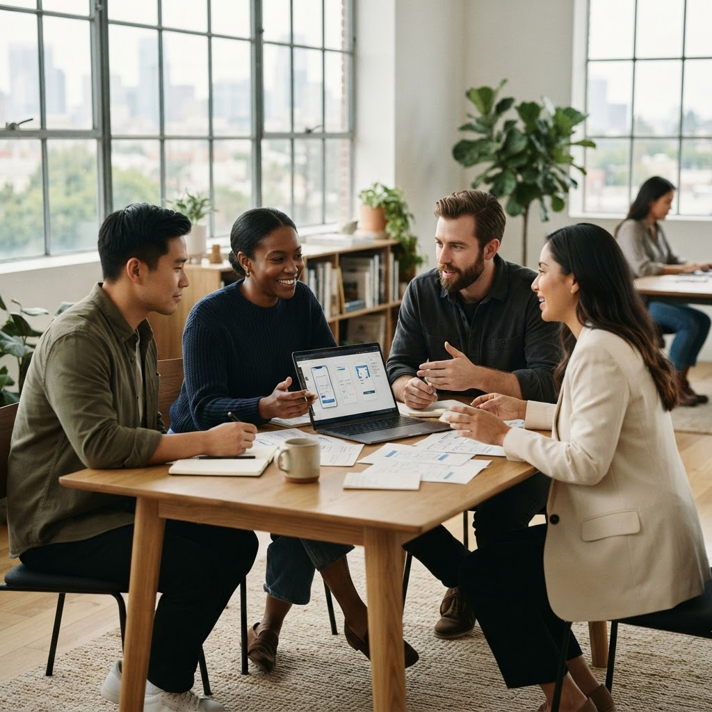 A collaborative, modern technology team working together in a bright studio office