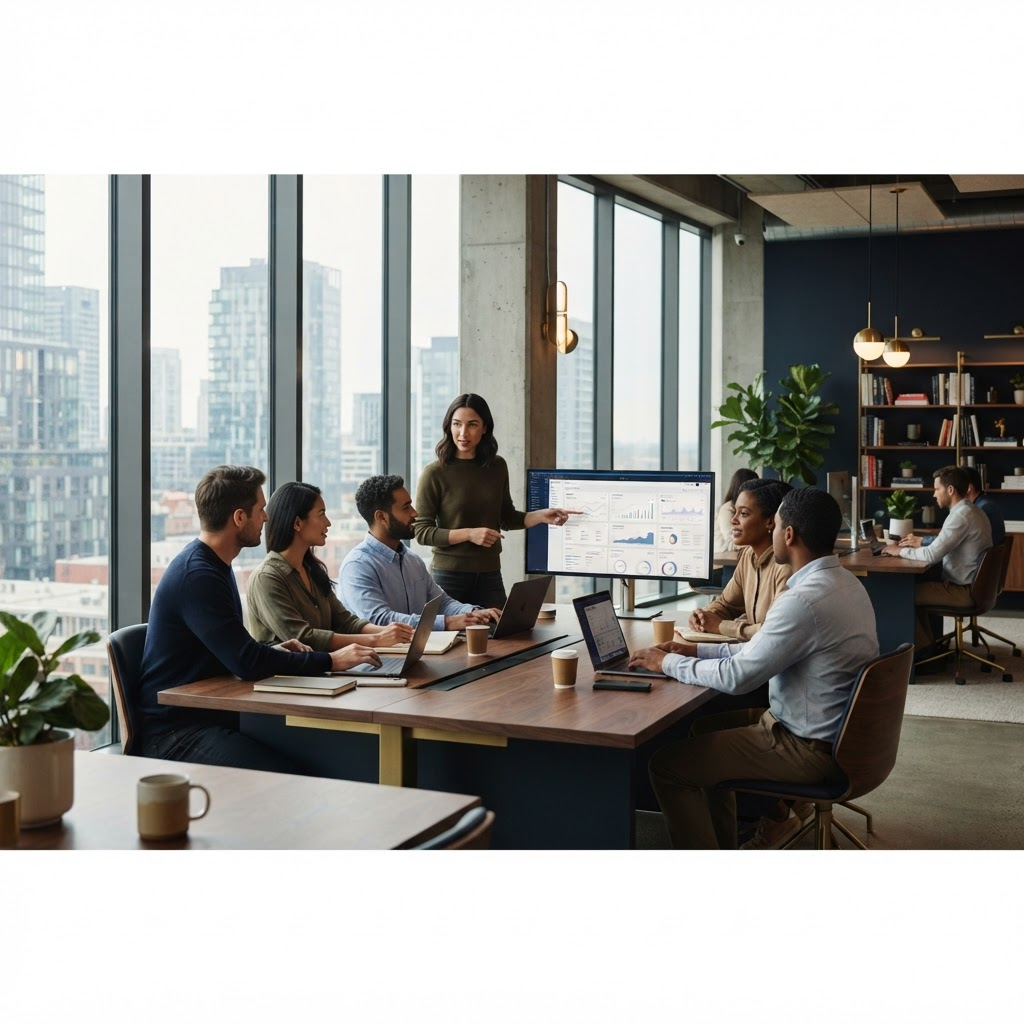 A modern technology office with diverse professionals collaborating around large displays showing software interfaces