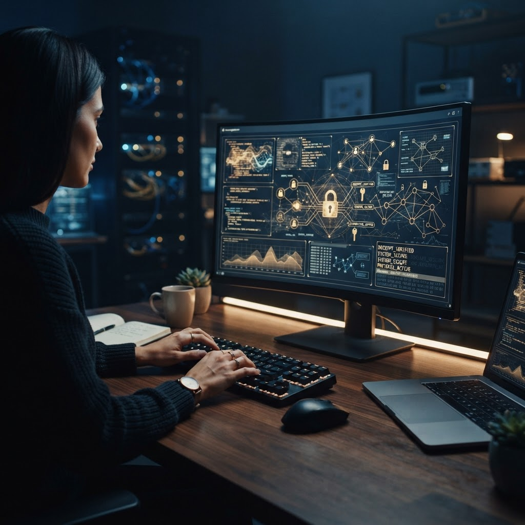An engineer's workspace showing encryption and verification interfaces