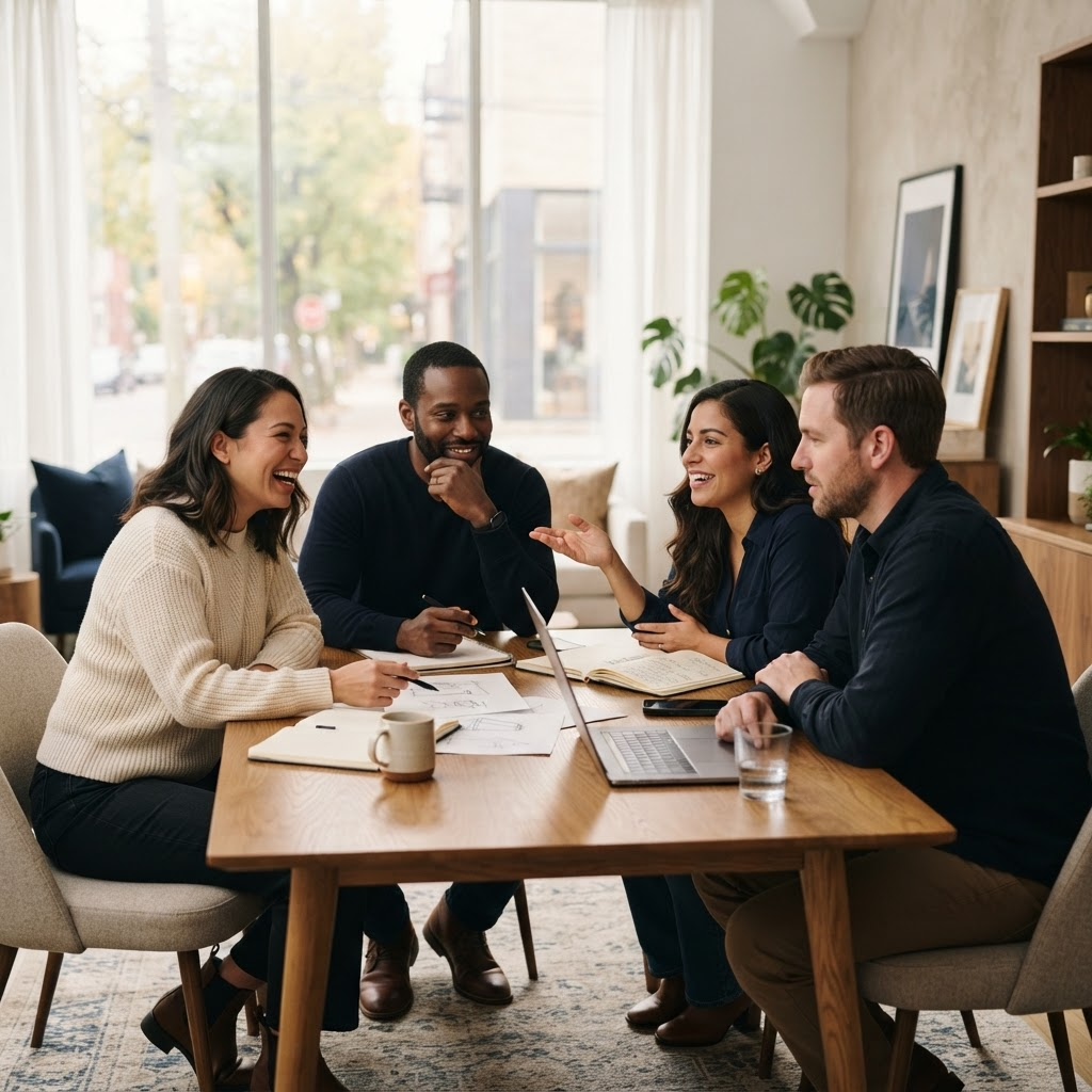 Founders collaborating around ideas in a modern studio office