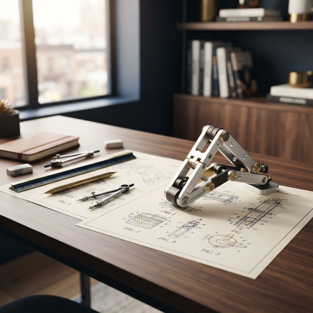 Technical patent blueprint drawings of an invention on a desk