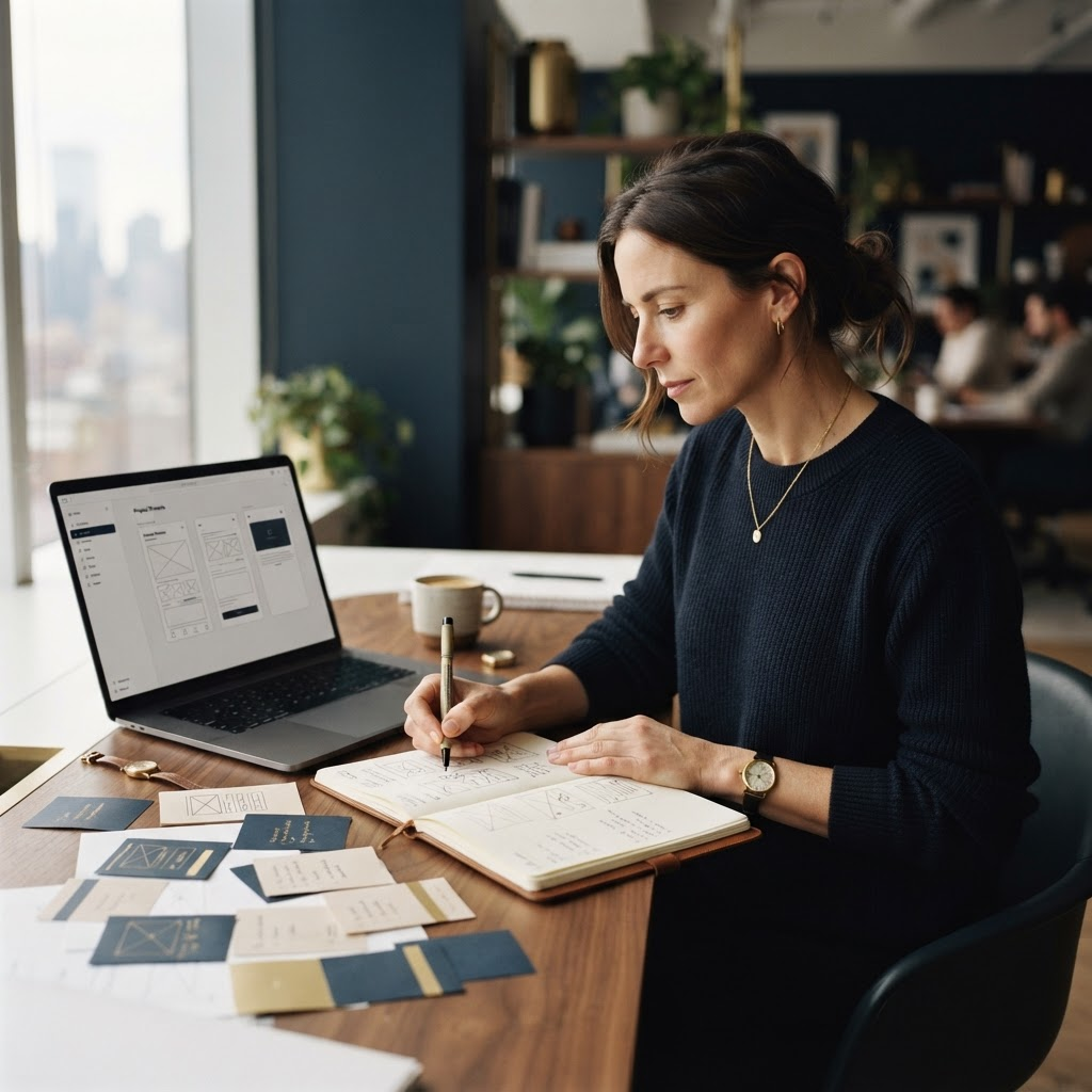 A founder sketching a product concept beside a laptop, preparing to share their idea