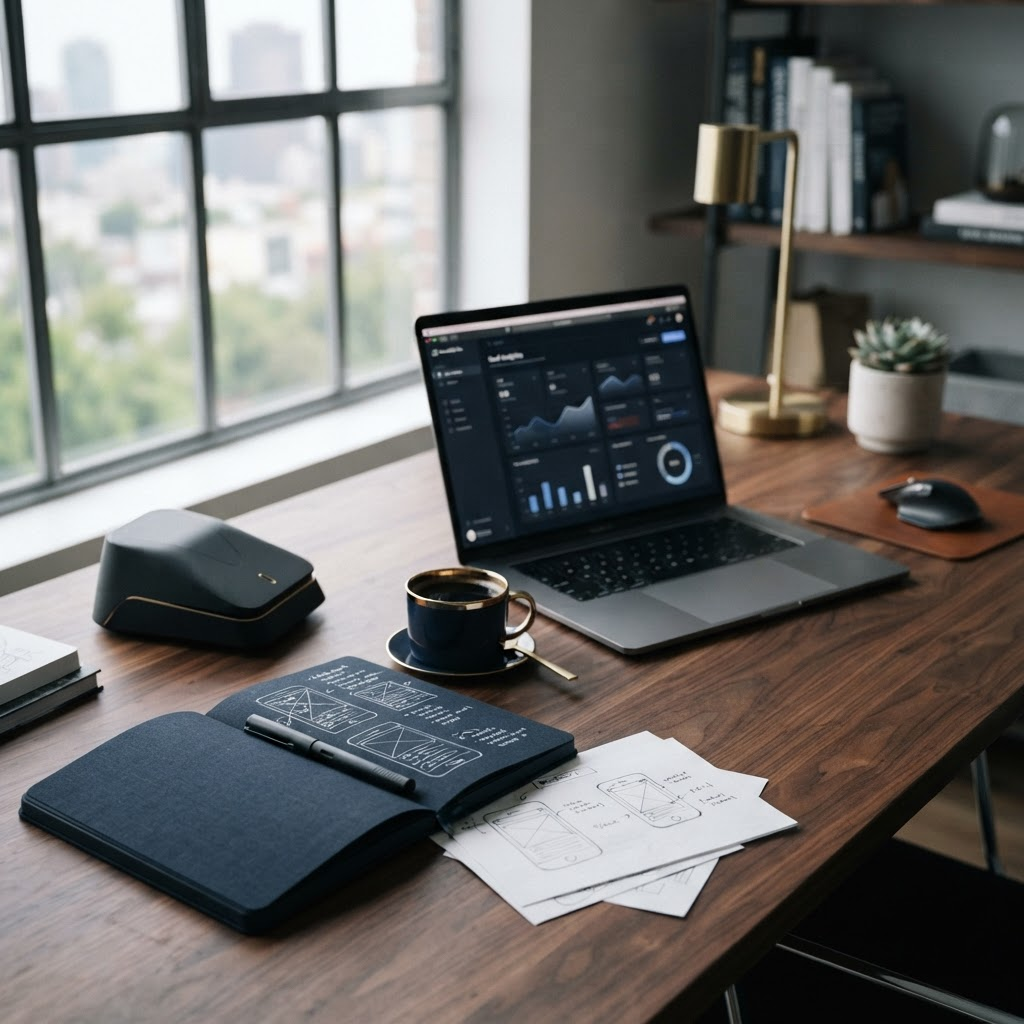 A founder's startup planning workspace with sketches, notebooks and prototypes