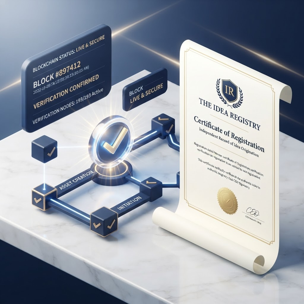 Verify — A blockchain fingerprint creates permanent proof that your idea existed at that moment in time.